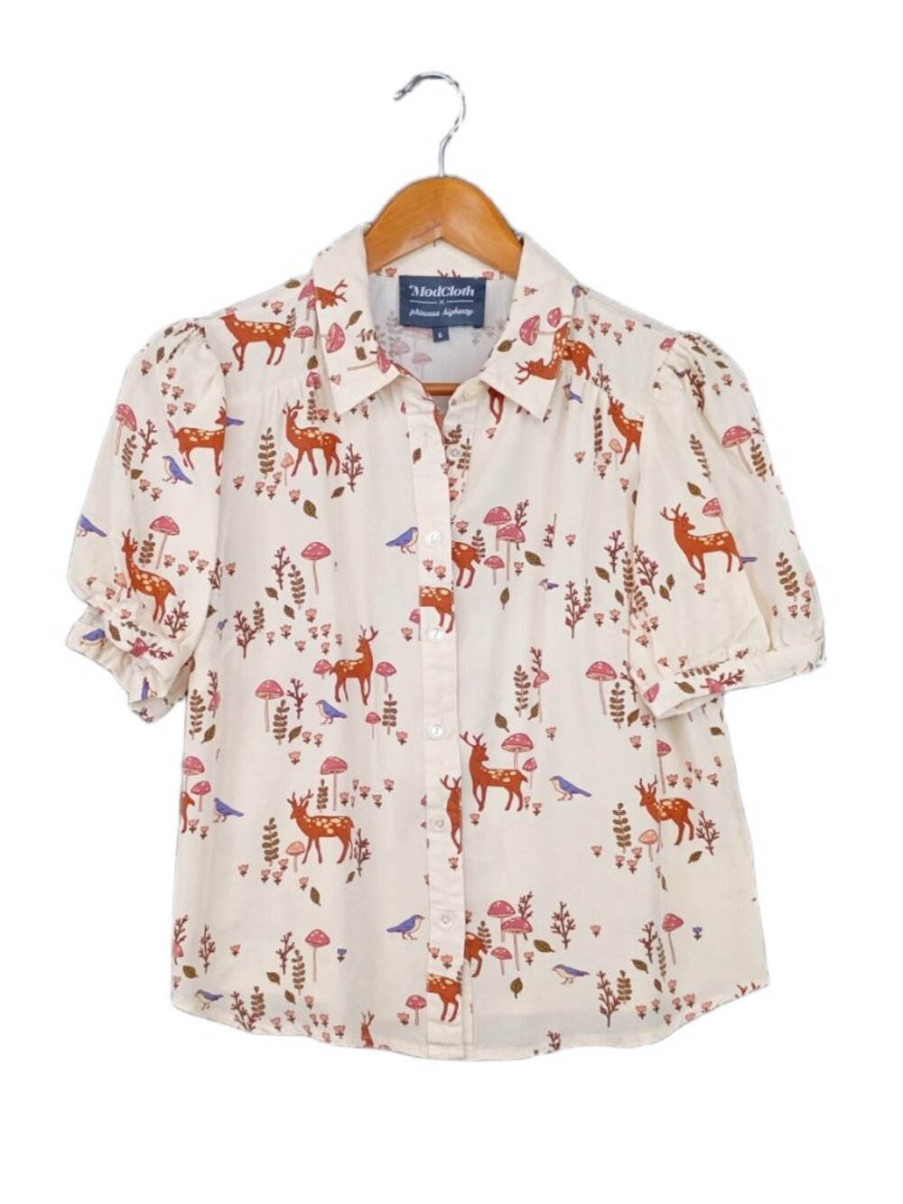 ModCloth Princess Highway Blouse Womens Size 6 Cottagecore Deer Mushroom Bird
